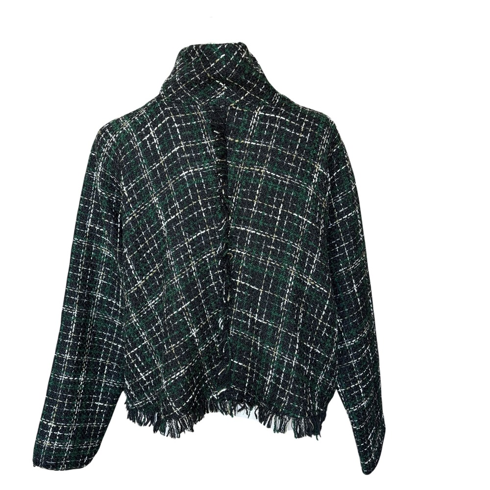 Zara Black Green Plaid Tweed Cropped Sweater Top Fringe Sz M - Picture 4 of 10